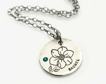 Personalized Necklace, Birth Month Flower Charm Necklace for Mom,  Personalized Name Necklace with Birthstone, Floral Name Necklace