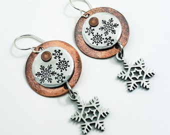 Snowflake Earrings, Hand Stamped Jewelry, Sterling Silver, Winter Jewelry, Mixed Metal Earrings, Riveted, Dangle Earrings, Drop Earrings