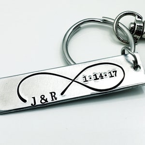 Personalized Anniversary Keychain, Infinity Keychain Hand Stamped Wedding Gift, Personalized Keychain, Couples Keychain with Initials & Date image 1