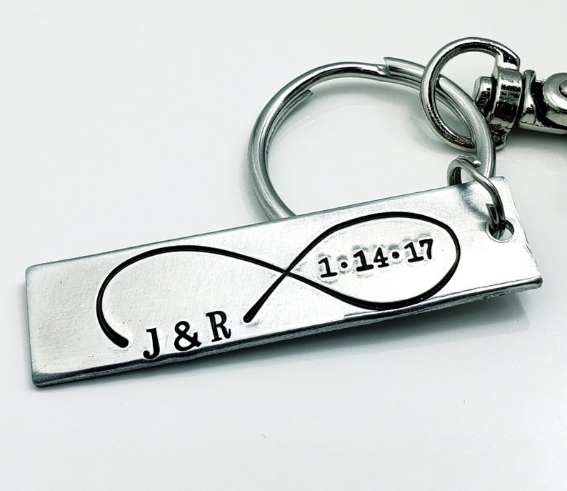 Personalized Anniversary Keychain, Infinity Keychain Hand Stamped Wedding Gift, Personalized Keychain, Couples Keychain with Initials & Date image 1
