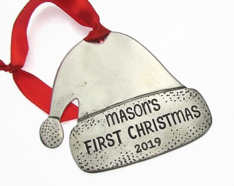 Baby&#39;s First Christmas Ornament, Personalized Pewter Ornament, Hand Stamped Custom Ornament, Santa Hat Ornament
