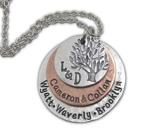 Joyería personalizada - Collar personalizado con el árbol genealógico - Collar personalizado - Collar para mamá - Joyería estampada a mano - Árbol de la vida