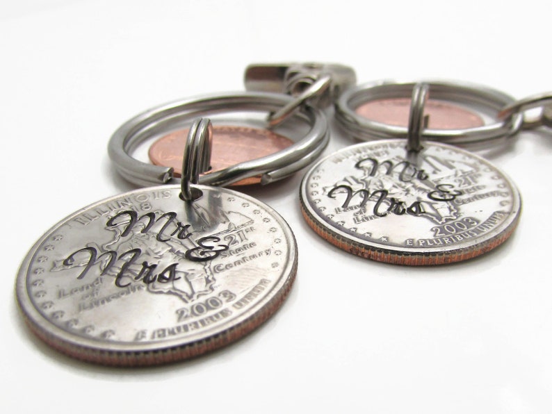 Personalized Couples KeyChain Set Hand Stamped Lucky Penny with State Quarter Keychain Set Custom Wedding Gift Mr /& Mrs Keychain set of 2