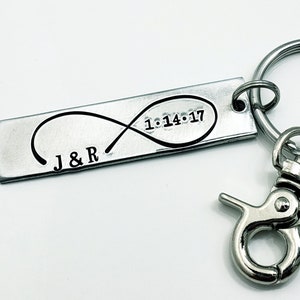 Personalized Anniversary Keychain, Infinity Keychain Hand Stamped Wedding Gift, Personalized Keychain, Couples Keychain with Initials & Date image 2