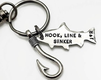 Hook Line & Sinker Personalized Keychain, Custom Hand Stamped Fishing Keychain, Mens Anniversary Gift, Boyfriend Gift