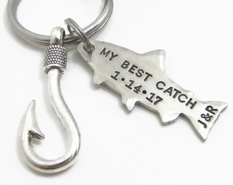 My Best Catch Personalized Keychain, Custom Hand Stamped Fishing Keychain, Mens Anniversary Gift