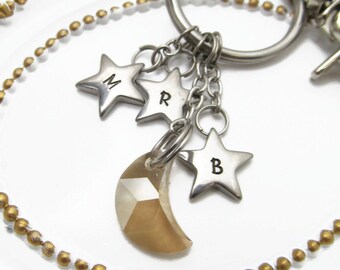 Personalized Mom Keychain, Swarovski Crystal Moon, Initial Stars