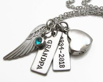 Heart Urn Necklace, Personalized Cremation Jewelry, Cremation Necklace, Personalized Necklace, Memorial Urn Necklace, Birthstone Angel Wing