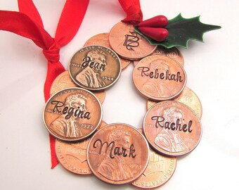 Personalized Ornament, Hand Stamped Family Ornament, Christmas Ornament, Personalized Ornament, Penny Wreath Ornament, Personalized Penny