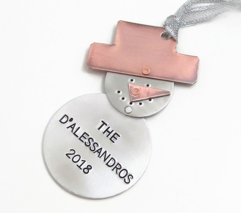 Personalized Ornament, Hand Stamped Ornament, Stamped Metal Ornament, Christmas Ornament, Personalized Ornament Family, Snowman Ornament image 1