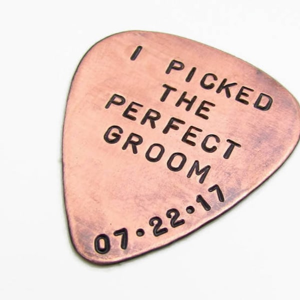 Personalized Copper Guitar Pick – Hand Stamped Groom Gift with Keychain