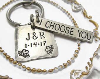 Personalized Pewter Anniversary Keychain, Custom Initials & Date