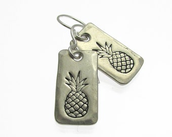 Pineapple Earrings, Hand Stamped Jewelry, Sterling Silver & Pewter Dangle Earrings, Light Weight Drop Earring, Fruit