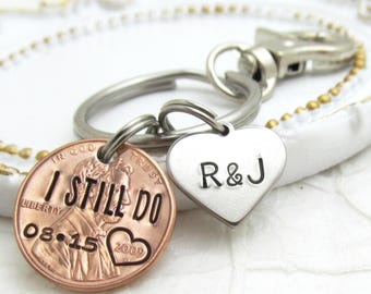 I Still Do Couples Gift | Personalized Anniversary Keyrings with Initials, Hand Stamped Penny Keychain Set