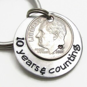 May include: Silver keychain with a dime and the inscription "10 years & counting".