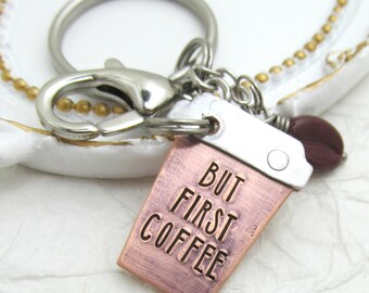 Hand Stamped "But First Coffee" Keychain | Copper Coffee Cup