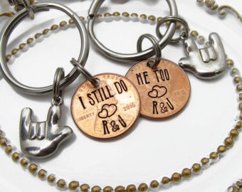 Hand Stamped Penny Keychain Set | Couples Initials, ASL Charm