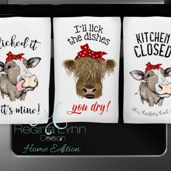Funny Country Cow Kitchen Towels, Custom Waffle Weave Towel with Cows, Hostess Gift, Housewarming Tea Towels, Country Kitchen Decor