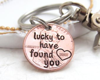 Hand Stamped Lucky Penny Keychain | Personalized Anniversary Gift