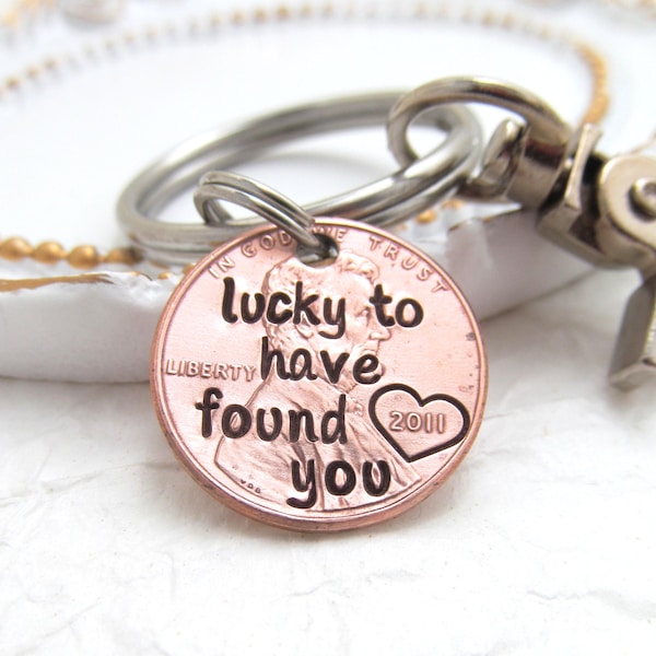 Hand Stamped Lucky Penny Keychain | Personalized Anniversary Gift
