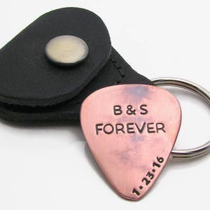 Custom Guitar Pick with Leather KeyChain Holder Personalized Guitar Pick Copper Pick Hand Stamped Mens Gift Custom valentines gift image 1