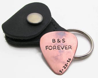 Custom Guitar Pick with Leather KeyChain Holder - Personalized Guitar Pick Copper Pick Hand Stamped - Mens Gift - Custom valentines gift