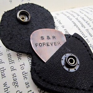 Custom Guitar Pick with Leather KeyChain Holder Personalized Guitar Pick Copper Pick Hand Stamped Mens Gift Custom valentines gift image 3