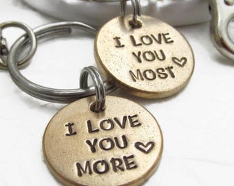 Hand Stamped Bronze Keychain Set | I Love You More/Most Couples Gift