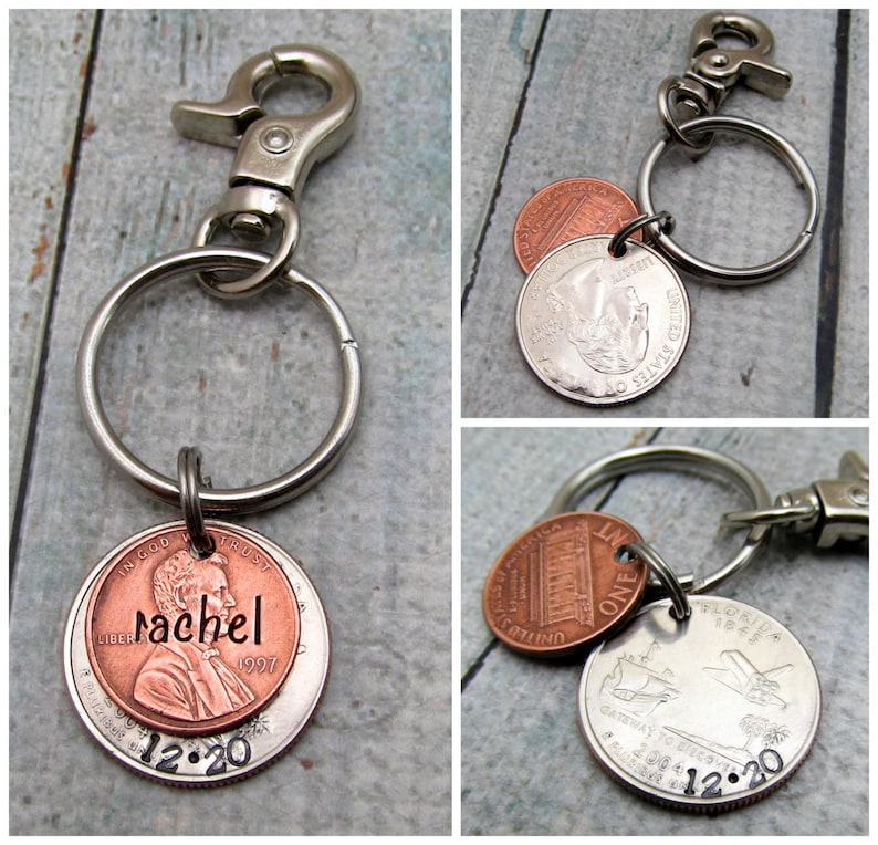 Personalized KeyChain Hand Stamped KeyChain Lucky Penny State Coin Stamped Lucky Penny Key Chain Personalized Penny with State Quarter image 2