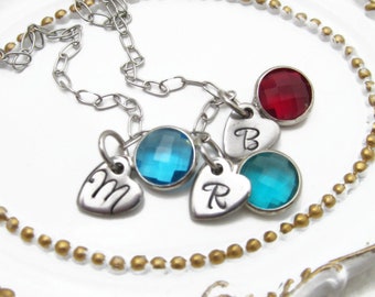 Custom Mom Necklace with Birthstones - Hand Stamped Personalized Heart Necklace, Mom Necklace, Heart Initial Necklace