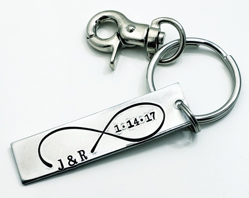 Personalized Anniversary Keychain, Infinity Keychain Hand Stamped Wedding Gift, Personalized Keychain, Couples Keychain with Initials & Date image 8