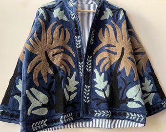 Handcrafted Cotton Velvet Suzani Embroidered Kimono Jacket | Uzbek Artisan Coat | Winter Suzani Jacket | Gift For Her | Winter velvet coat