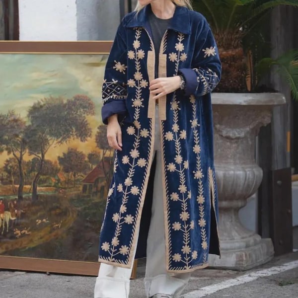 Handmade Velvet Suzani Embroidered Long Kimono Boho Suzani long Statement Jacket Jacket Ethnic Outerwear Gift For Her Duster Coat