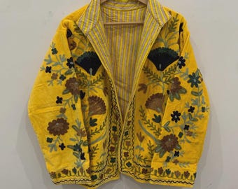 Handmade Vintage Suzani Embroidered Cotton Suzani Jacket, Women Wear Boho Coat Bomber Short Jacket Ethnic Outerwear Gift For Her Duster Coat