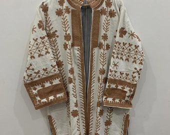 Handmade Velvet Suzani Embroidered Long Kimono Boho Statement Jacket White Suzani Velvet Long Kashmiri Jacket Quilted Boho Duster Jacket