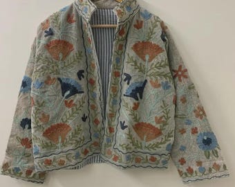 Handcrafted Cotton Velvet Suzani Embroidered Kimono Jacket | Uzbek Artisan Coat | Winter Suzani Jacket | Gift For Her | Winter velvet coat