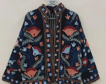 Handmade Vintage Suzani Embroidered Cotton Suzani Jacket, Women Wear Boho Coat Bomber Short Jacket Ethnic Outerwear Gift For Her Duster Coat