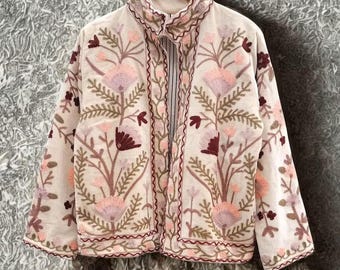 Handmade Vintage Suzani Embroidered Cotton Suzani Jacket, Women Wear Boho Coat Bomber Short Jacket Ethnic Outerwear Gift For Her
