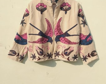 Handmade Vintage Suzani Embroidered Cotton Suzani Jacket, Beige Love Bird Suzani Jacket Handmade Velvet Jacket Women's Clothing