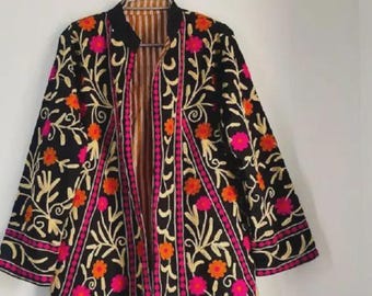 Handmade Velvet Suzani Embroidered Long Kimono Boho Suzani long Statement Jacket Jacket Ethnic Outerwear Gift For Her Duster Coat