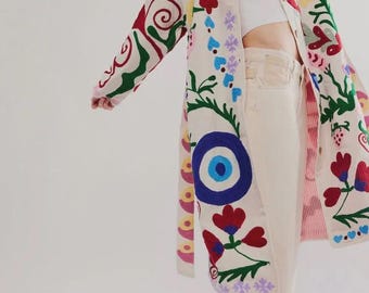 Handmade Velvet Suzani Embroidered Long Kimono Boho Suzani long Statement Jacket WHITE velvet with MULTI COLOR embroidery