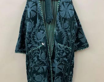 Hand Embroidery Floral Cotton Suzani Embroidery Long Kimono Robe Vintage Oriental Floral Loungewear