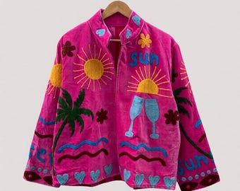 Handmade Vintage Suzani Embroidered Cotton Suzani Jacket, Women Wear Embroidery Short Coat