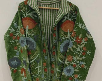 Handmade Vintage Suzani Embroidered Cotton Suzani Jacket, Women Wear Boho Coat Bomber Short Jacket Ethnic Outerwear Gift For Her Duster Coat