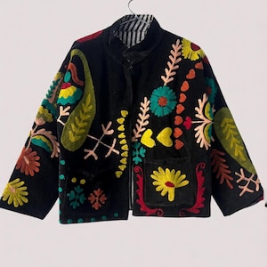 Handmade Vintage Suzani Embroidered Cotton Suzani Jacket, Women Wear Boho Coat Bomber Short Jacket Ethnic Outerwear Gift For Her Duster Coat