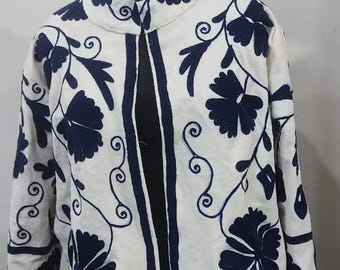 Handcrafted Cotton Velvet Suzani Embroidered Kimono Jacket | Uzbek Artisan Coat | Winter Suzani Jacket | Gift For Her | Winter velvet coat