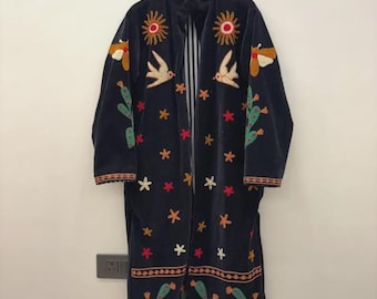 Handmade Velvet Suzani Embroidered Long Kimono Boho Suzani long Statement Jacket Jacket Ethnic Outerwear Gift For Her