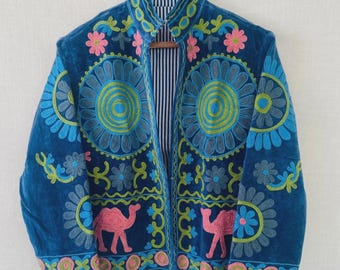 Handcrafted Blue Cotton Velvet Jacket with Floral and Camel Embroidery (Traditional Ethnic Style, Unisex, Casual)