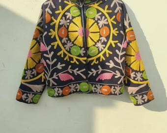 Handmade Vintage Suzani Embroidered Cotton Suzani Jacket, Women Wear Boho Coat Bomber Short Jacket Ethnic Outerwear Gift For Her Duster Coat