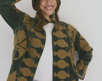 Green Velvet Handmade Suzani Embroidery Jacket for Women , Bohemian Vintage Style Coat , Colorful Floral Suzani Jacket, Perfect Gift for her